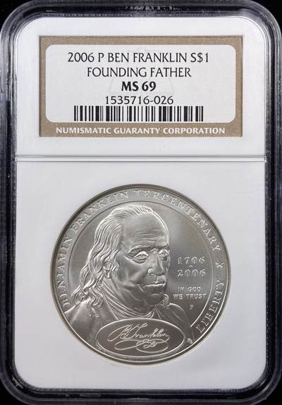 【雨安】【直播拍卖】【世界币章122期-评级币】2025-12-27 周六 19:30 保真 - [评级现代] USA 美国 纪念币 1美元 2006年 开国元勋-富兰克林  NGC-MS69