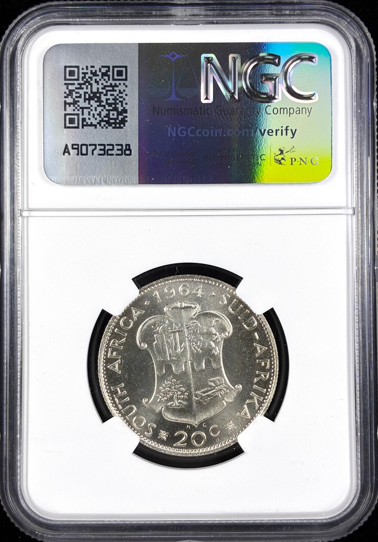 【雨安】【直播拍卖】【世界币章122期-评级币】2025-12-27 周六 19:30 保真 [评级非洲] South Africa 南非 20分 1964年 精制 NGC-PF66 精制币