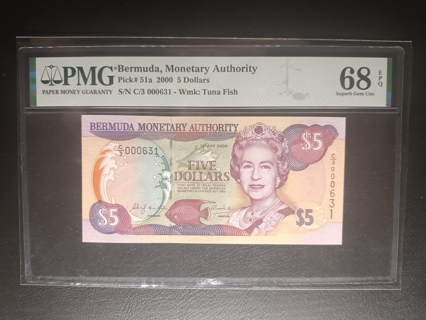 2025十二月第五期，总210期 百慕大2000年5元PMG68epq百位小号631无47，老年女王和杜克港灯塔