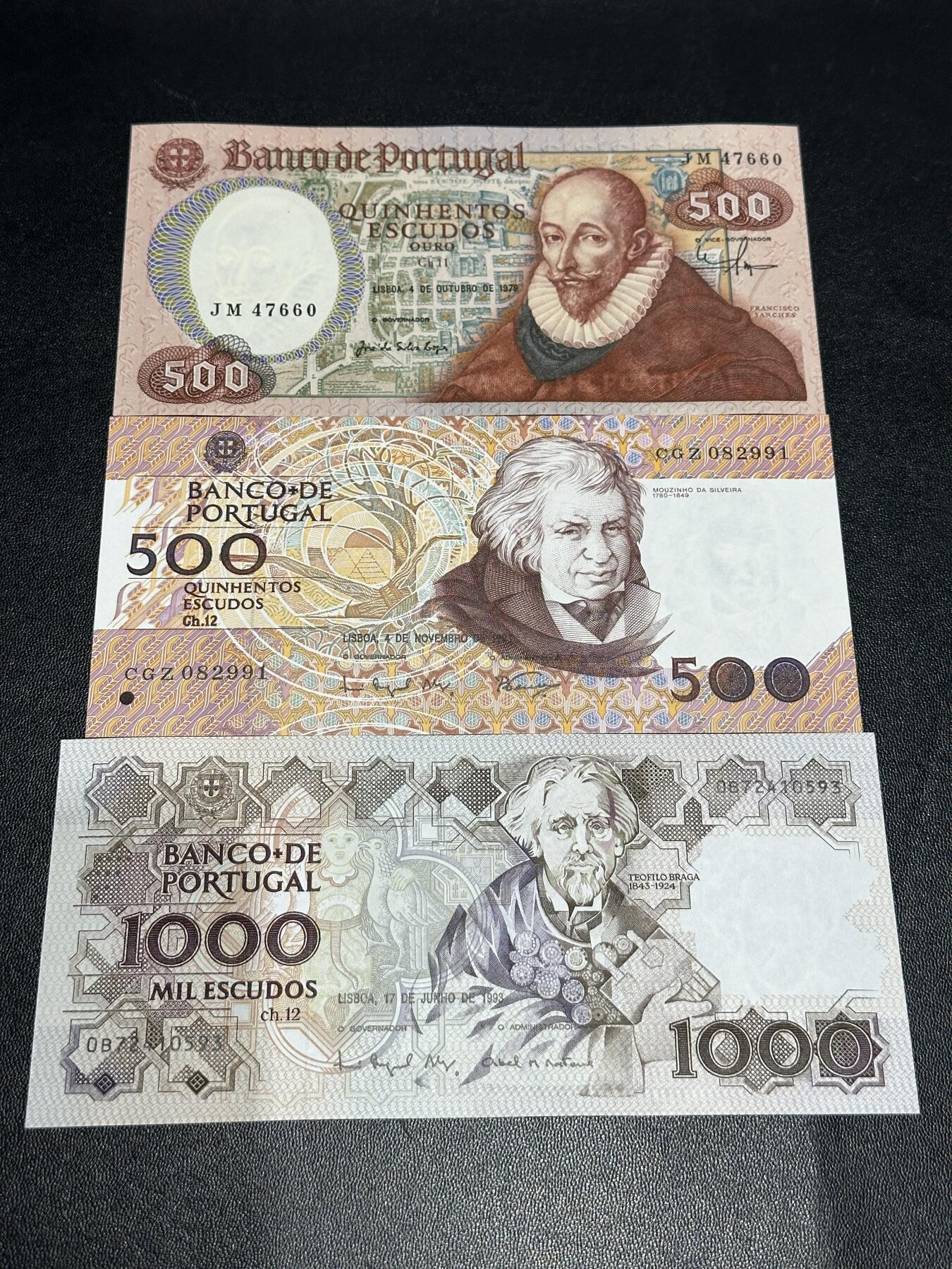 《外钞收藏家》第五百九十七期（年底收官场）（本平台长期征集拍品、欢迎藏友们联系合作） 葡萄牙500和1000面额 500有两个版本 全新UNC