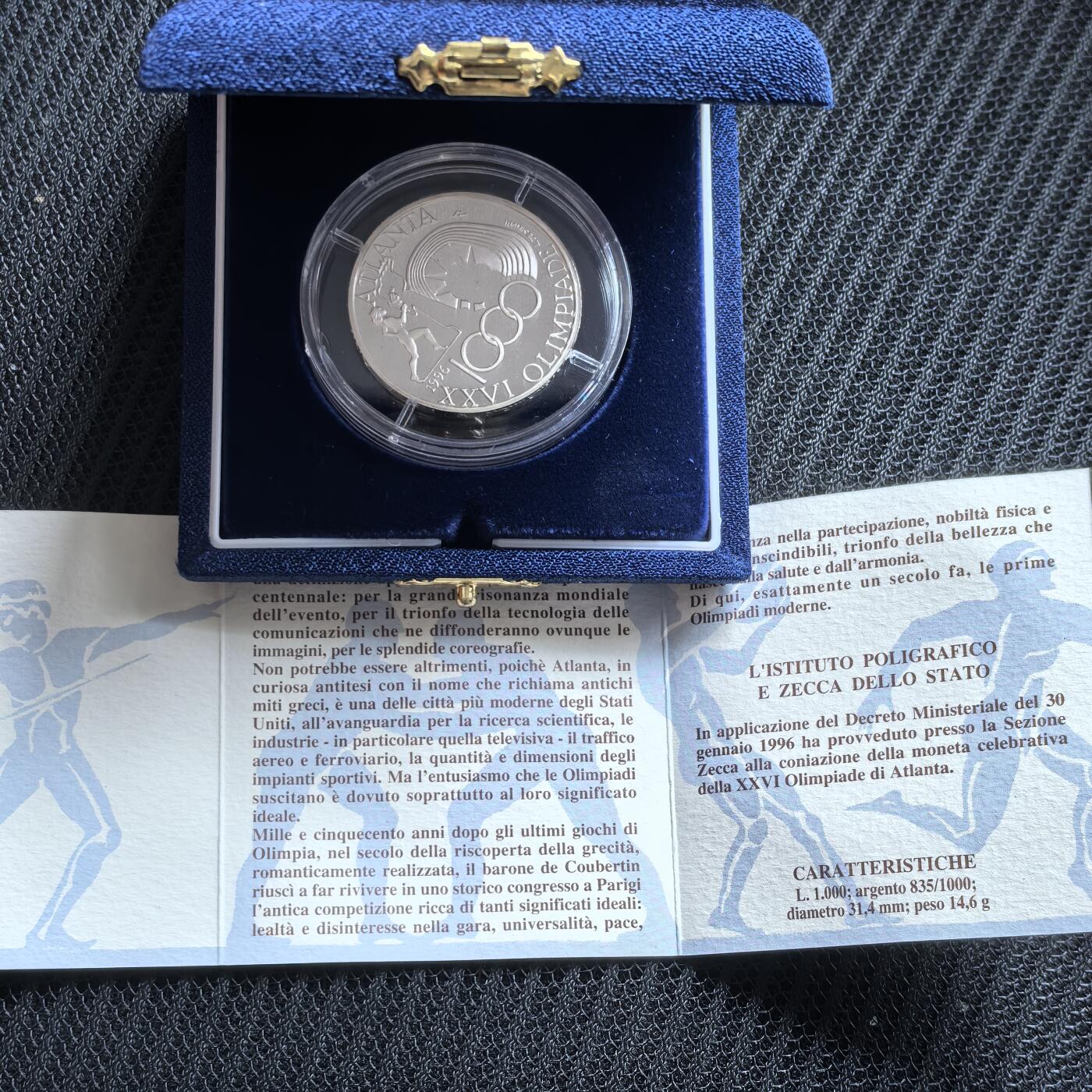 道一币馆币章第一百六十二场 原盒证 意大利1996年亚特兰大奥运会1000里拉精制银币 7435