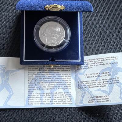 道一币馆币章第一百六十二场 - 原盒证 意大利1996年亚特兰大奥运会1000里拉精制银币 7435