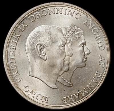 修遠堂世界钱币第九十九期 - 1960年丹麦国王银婚纪念5克朗银币 17g，含银80%