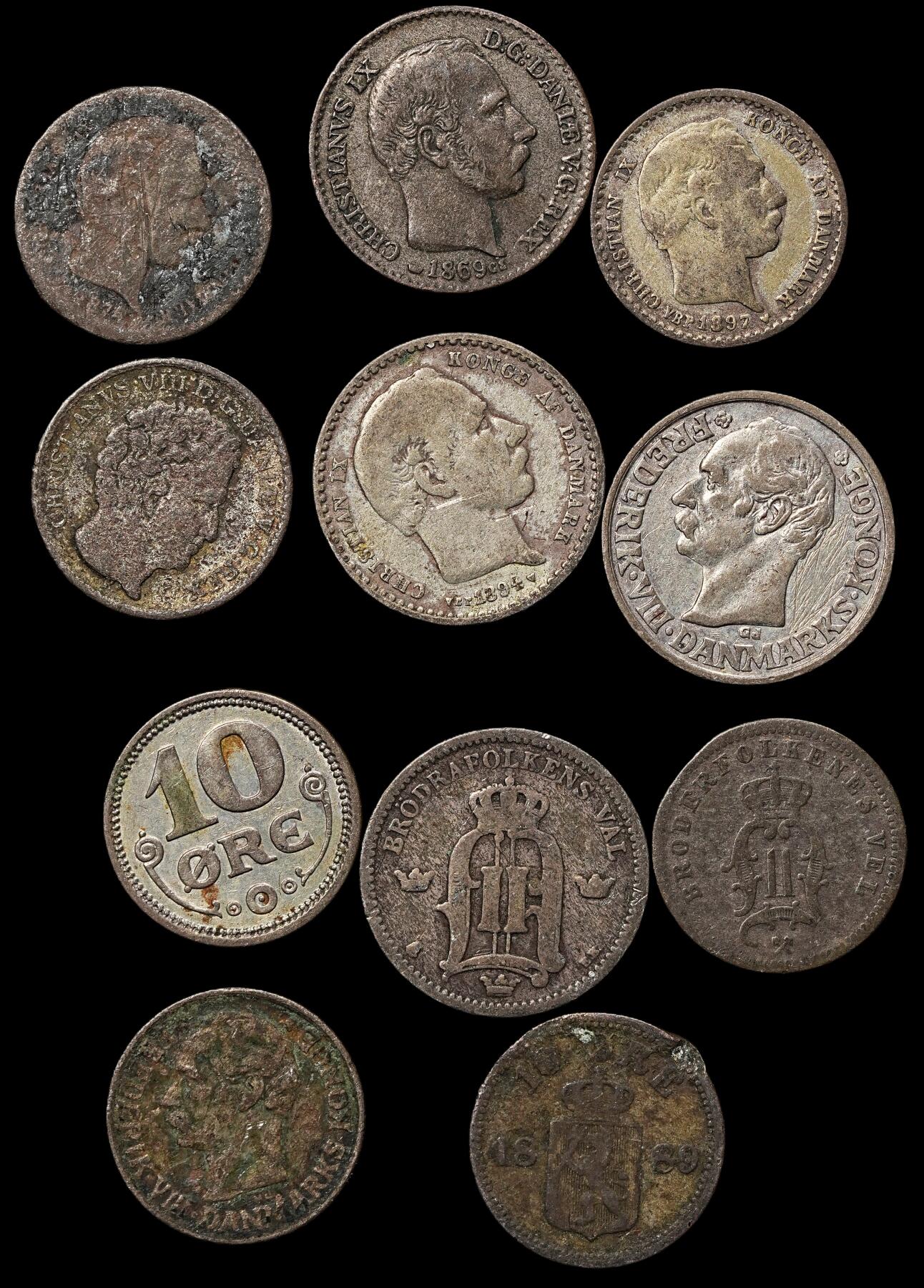 修遠堂世界钱币第九十九期 丹麦，瑞典旧银币一组 部分品差 含银25-40%，总重18.26g