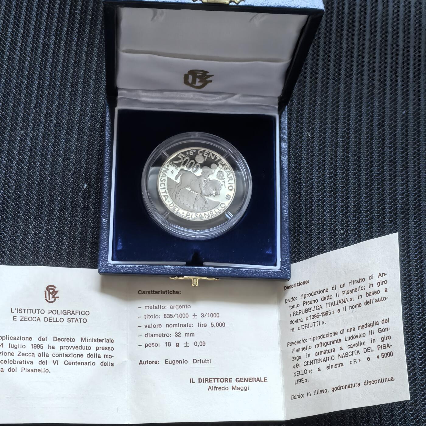 道一币馆币章第一百六十二场 原盒证 意大利1995年画家皮萨内洛诞辰600周年5000里拉精制银币 7800