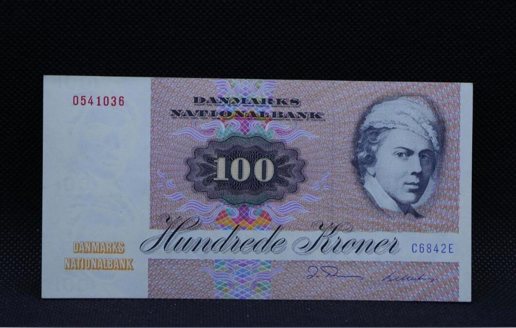 丹麦 1972年 初版 100克朗 纸币 AU 极美品