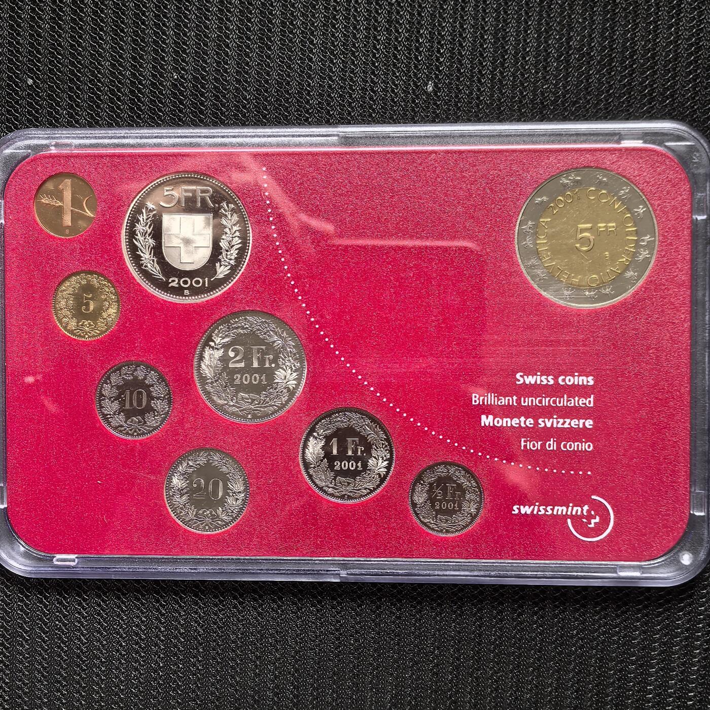 道一币馆币章第一百六十二场 原包装 瑞士2001年苏黎世送冬节精制套币十枚 含5法郎纪念币