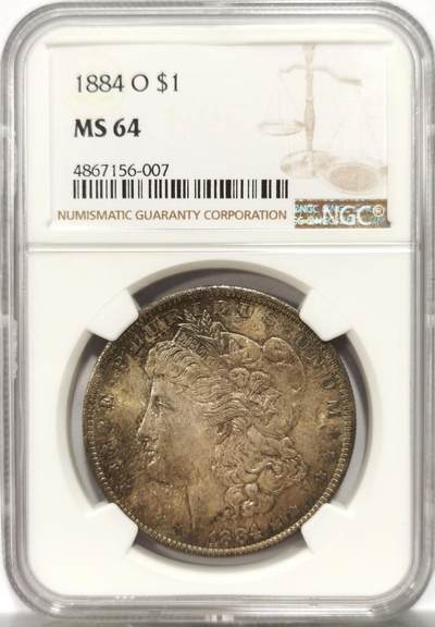博洋堂世界钱币拍卖第154期（全场包邮） - NGC MS64 美国1884年S版摩根$1银币 人面包浆分布均匀 醇厚五彩包浆