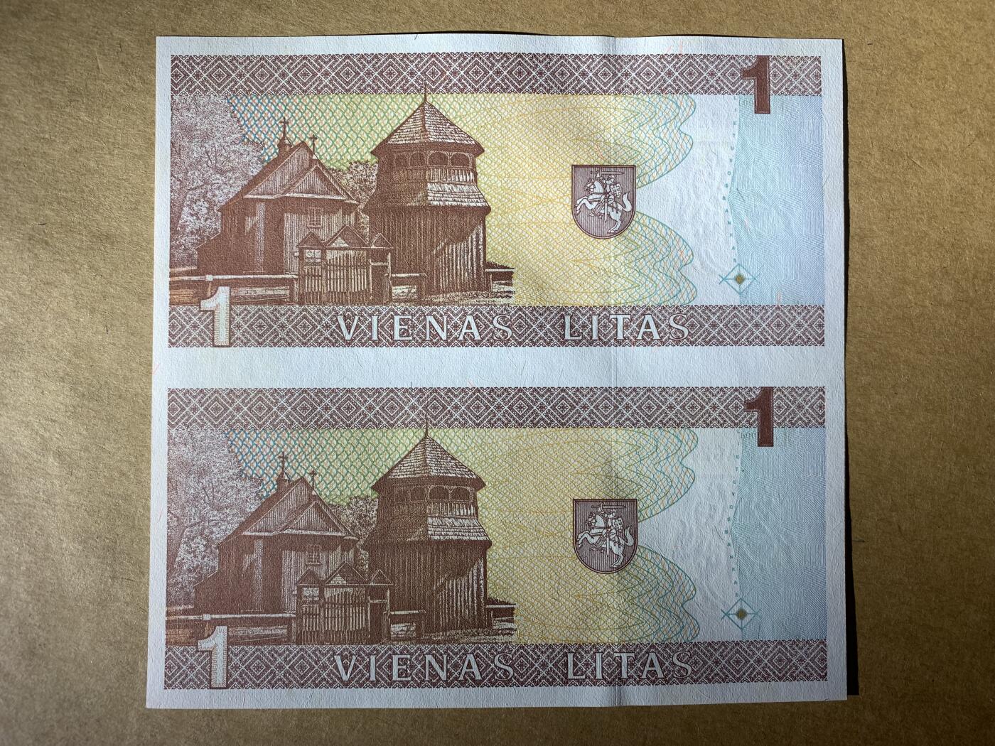 【礼羽收藏】🌏世界钱币拍卖第118期 全新UNC 1994年立陶宛1立特 双连体钞  三连号