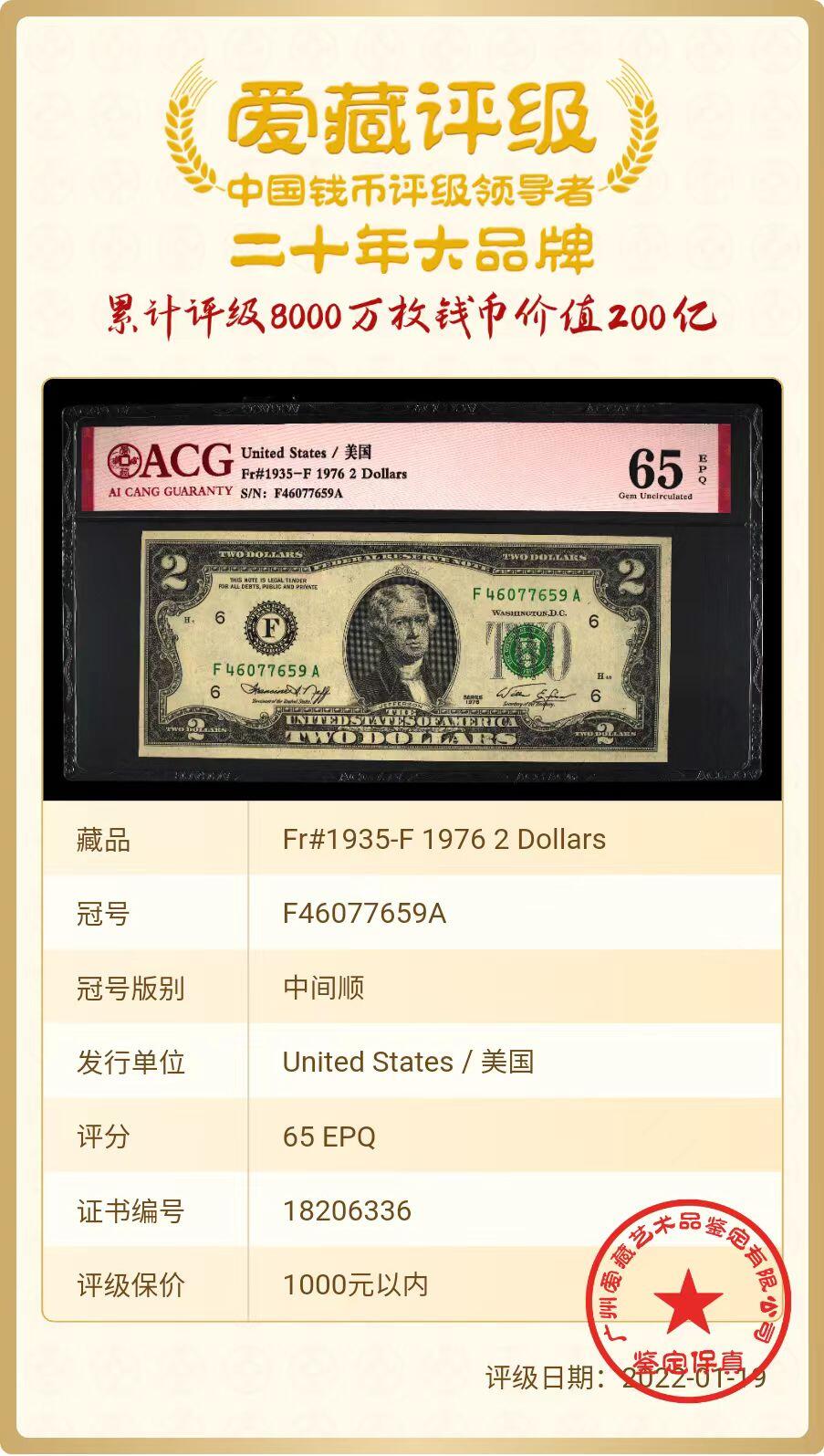 ACG美元 2美元200周年纪念（斜切边）