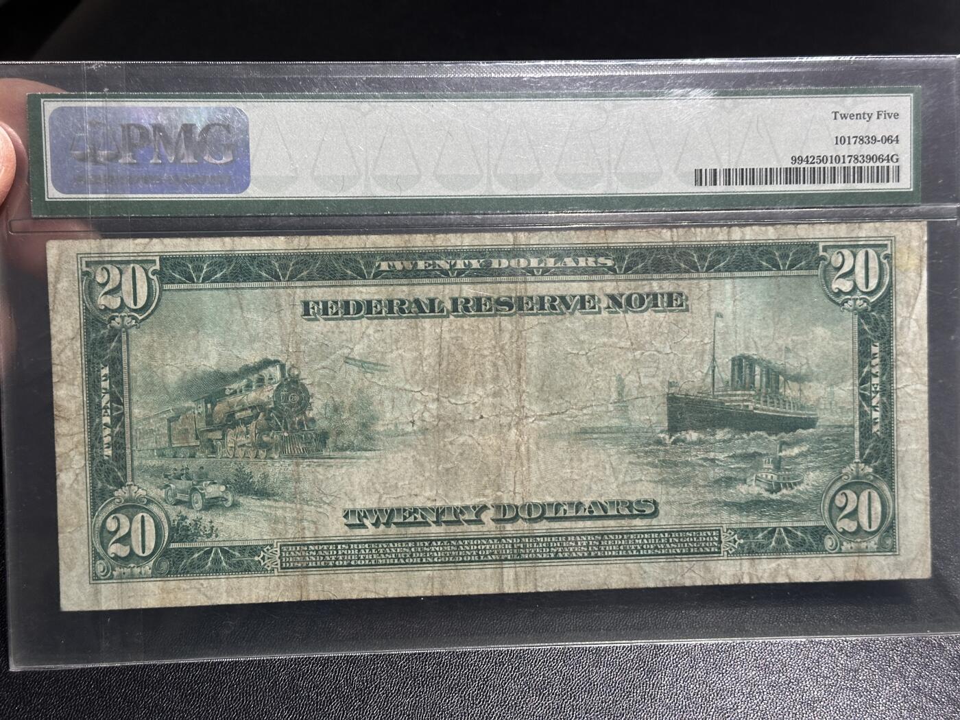 《外钞收藏家》第五百九十七期（年底收官场）（本平台长期征集拍品、欢迎藏友们联系合作） 1914年美国20美元 火车头和轮船 经典大票幅版 PMG25 无47靓号