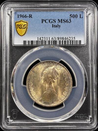 【雨安】【直播拍卖】【世界币章122期-评级币】2025-12-27 周六 19:30 保真 - [评级现代] Italy 意大利 500里拉 1966年  PCGS-MS63