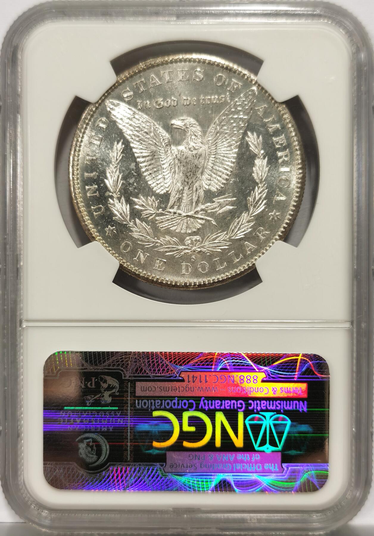 博洋堂世界钱币拍卖第154期（全场包邮） NGC MS65PL 美国1880年S版摩根$1银币 币面双面图案凝霜质感与底板形成强烈视觉反差 类镜面高分状态下仍留存绝美月牙五彩包浆实属难得 老盒品质保障 麦稀奇近期热涨品种