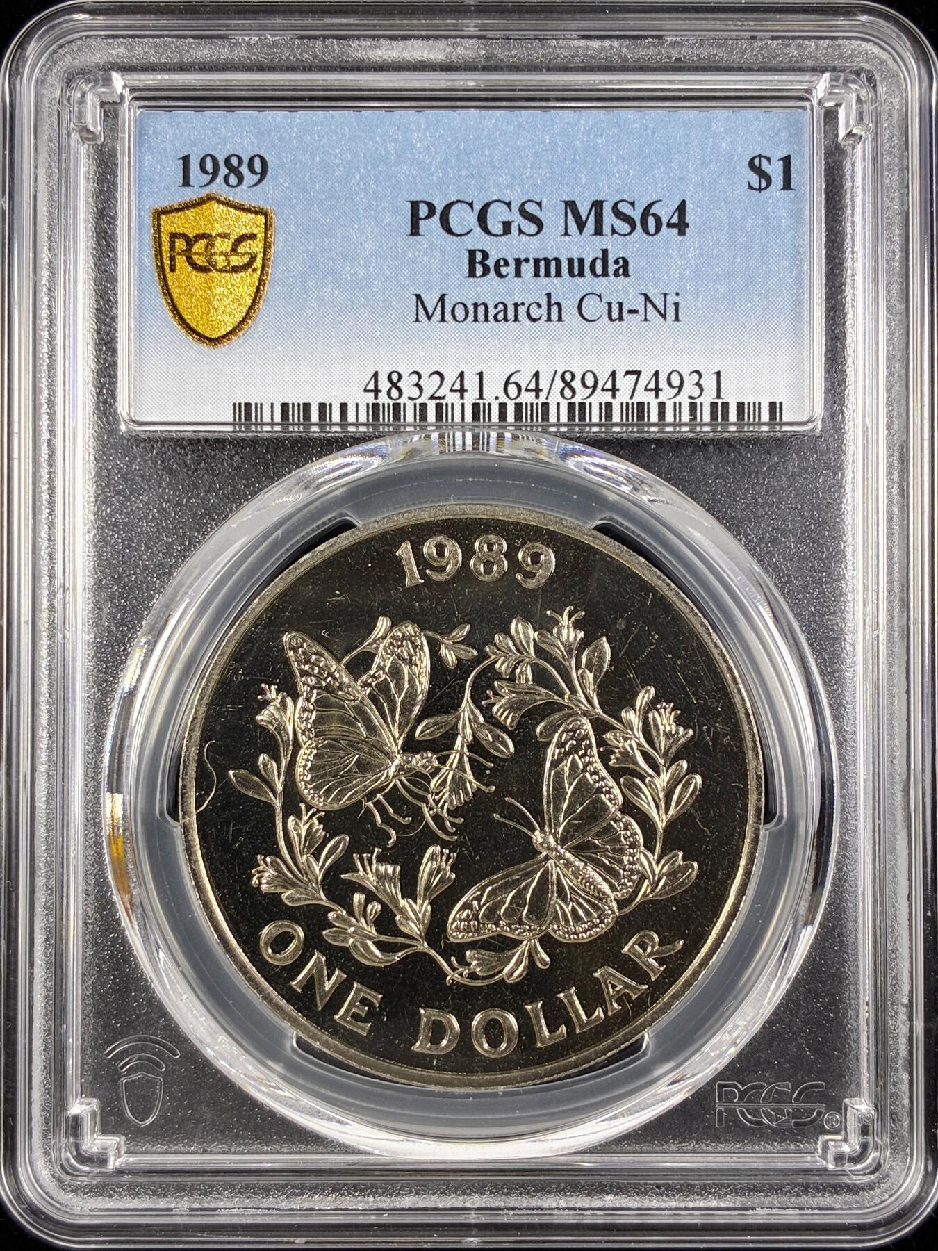 【雨安】【直播拍卖】【世界币章122期-评级币】2025-12-27 周六 19:30 保真 [评级现代] Bermuda 百慕大 1元 1989年 君主斑蝶  PCGS-MS64