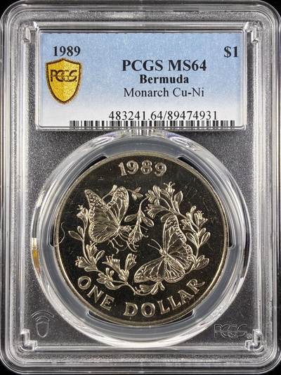 【雨安】【直播拍卖】【世界币章122期-评级币】2025-12-27 周六 19:30 保真 - [评级现代] Bermuda 百慕大 1元 1989年 君主斑蝶  PCGS-MS64