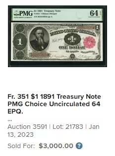 【Blue Auction】世界纸币精拍第768期——18级TOP拍卖/信誉/品质/专业/高效💫  【背标Great Embossing相当于带星星 罕见】美国 1891年1美金 PMG65EPQ 绝品 人物为林肯政府时期陆军部长、司法部长斯坦顿 同时也是林肯去世时陪伴在他床边的人之一 大胡子极致雕刻 超大票幅 花果纹饰 精美绿钞 该张纸币凹凸感极佳 油墨非常鲜亮 四角尖尖