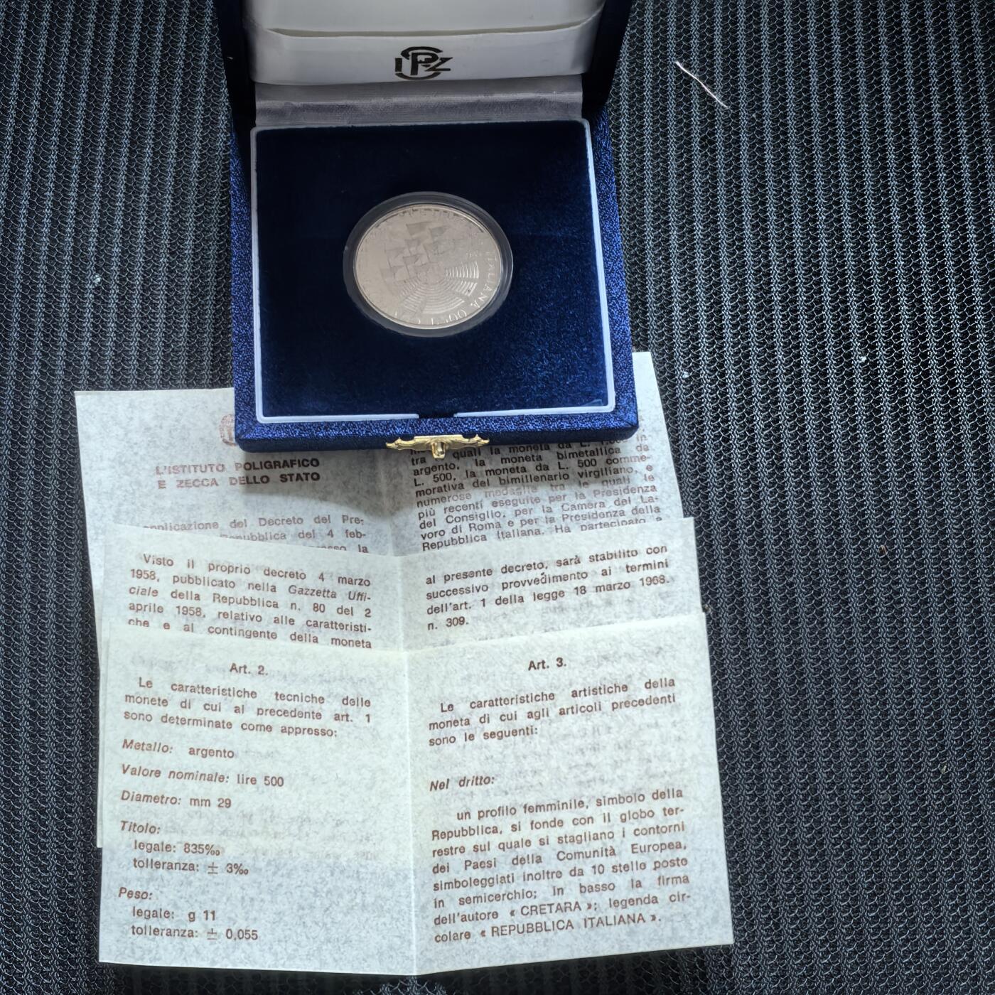 道一币馆币章第一百六十二场 原盒证 意大利1985年意大利担任欧洲共同市场主席国500里拉精制银币 29500