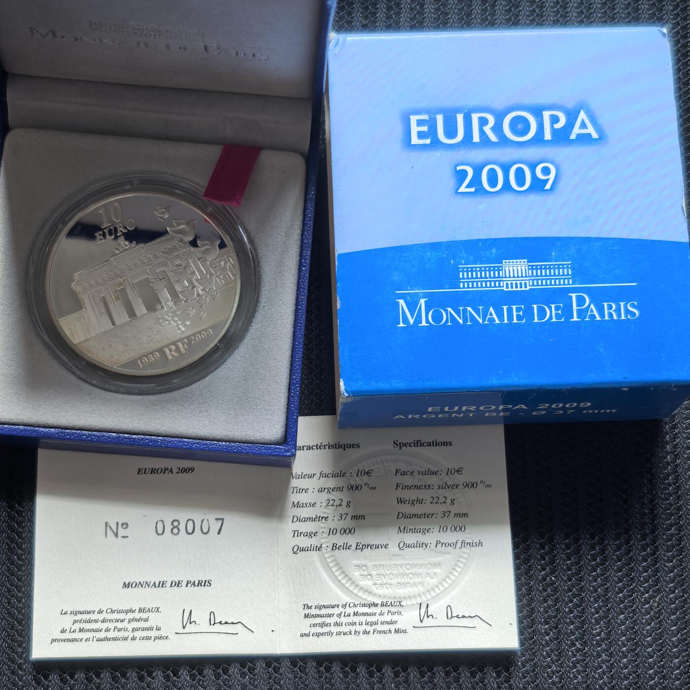 道一币馆币章第一百六十二场 原盒证 法国2009年柏林墙倒塌20周年10欧元银币