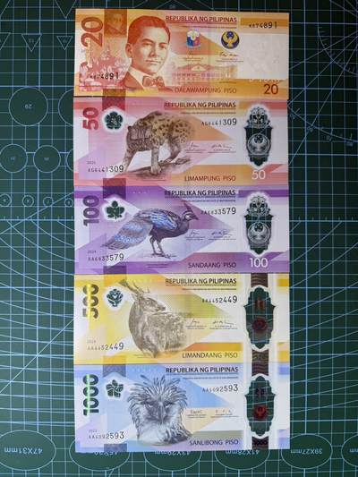 【炜奕收藏】，第五十四期，本场佣金已改，请大家注意 - 菲律宾20-1000比索共5张，UNC品相，包含多张AA冠