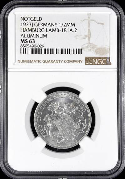 【雨安】【直播拍卖】【世界币章122期-评级币】2025-12-27 周六 19:30 保真 - [评级德国] Germany 德国 德紧 汉堡 1/2MM马克 1923年  NGC-MS63