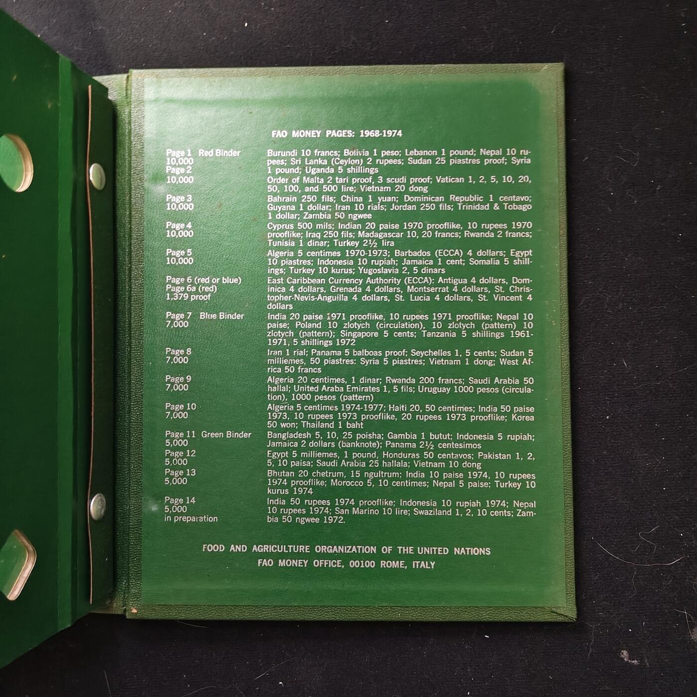 【全场包邮】纯粹捡漏拍489场（免费代拍第26场） 【收藏用品】世界各国FAO纪念币绿色空册一本
