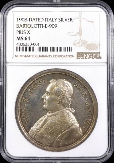 【雨安】【直播拍卖】【世界币章122期-评级币】2025-12-27 周六 19:30 保真 - [评级章] Vatican 章 梵蒂冈 1908年 庇护十世 银章  NGC-MS61 正面: 教皇左侧肖像; 背面: 主教众人参拜教皇场景