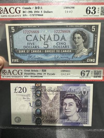 《外钞收藏家》第五百九十七期（年底收官场）（本平台长期征集拍品、欢迎藏友们联系合作） - 1954年加拿大风景版5元+2006年英国F序列20镑 2张一起 爱藏评级