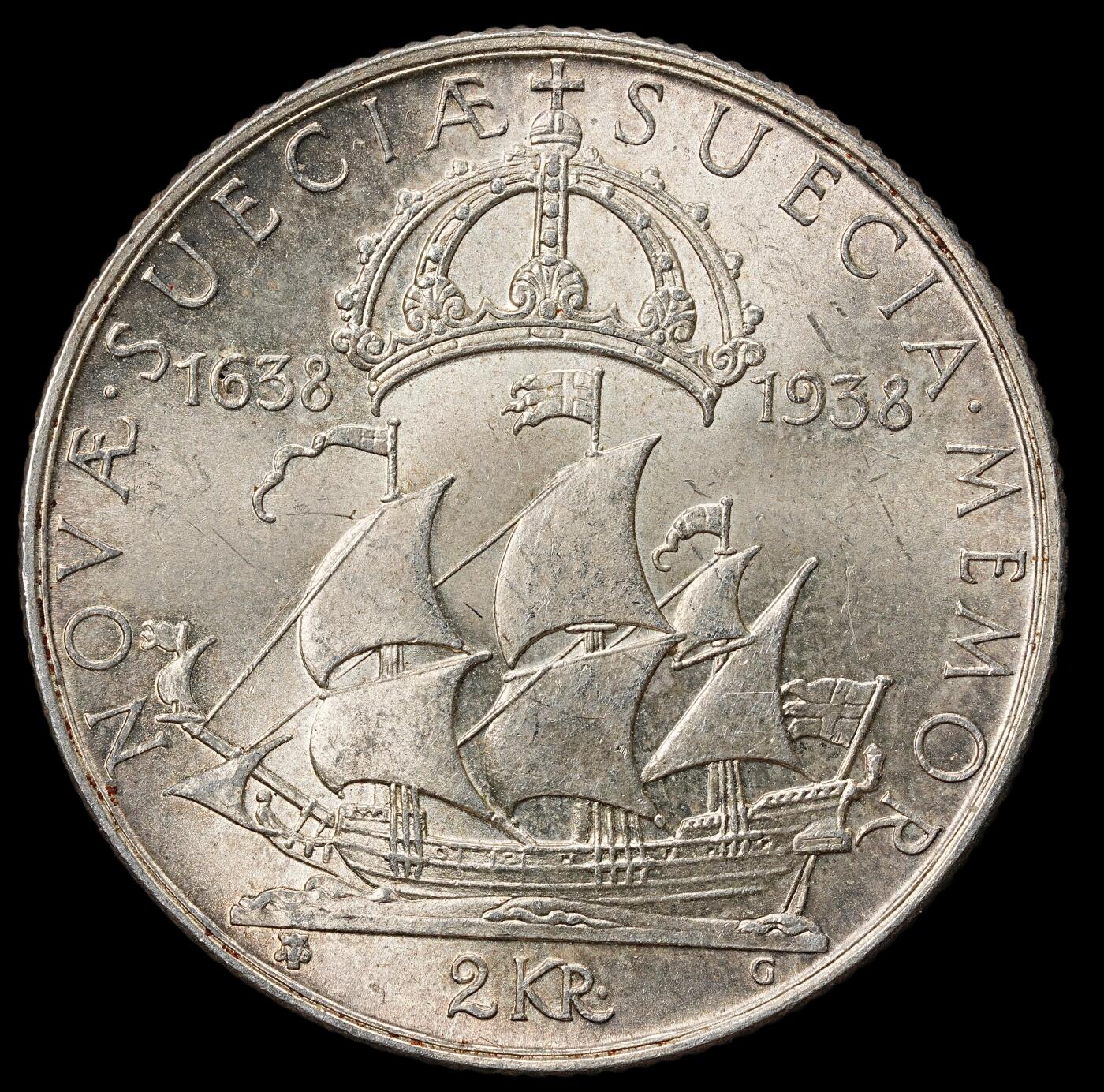 修遠堂世界钱币第九十九期  1938 年“新瑞典殖民地建立 300 周年 2 克朗纪念银币 15g，含银80%  未流通