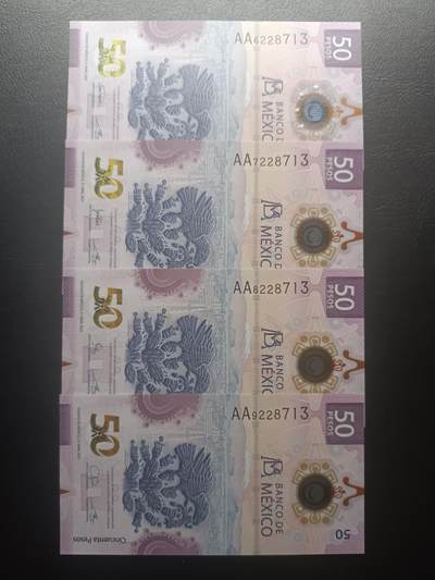 2025十二月第五期，总210期 - 墨西哥2021年50比索UNC批量四张，第一位6.7.8.9顺位其余号码全同号套装