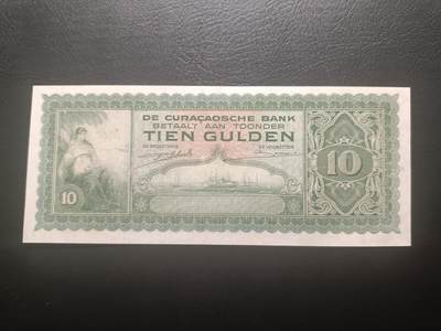 2025十二月第五期，总210期 - 荷属库拉索1942年10盾流通好品XF，稀有荷属殖民地中高面值品种，库拉索港俯瞰图和女性形象
