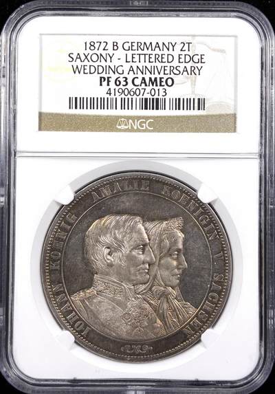 【雨安】【直播拍卖】【世界币章122期-评级币】2025-12-27 周六 19:30 保真 - [评级德国] Germany 德国 德意志 2泰勒 Saxony萨克森 Thun.352 KM#1231.1 (1872) 金婚 1872年 NGC-PF63Cameo 精制币