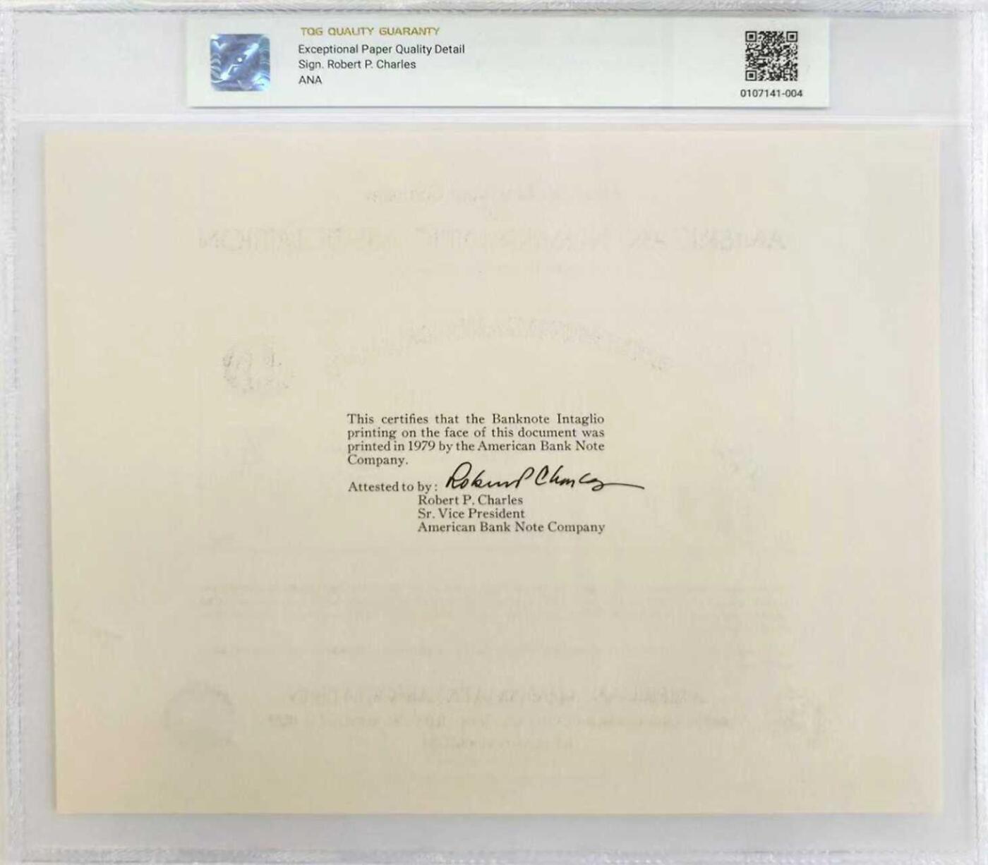 《外钞收藏家》第五百九十七期（年底收官场）（本平台长期征集拍品、欢迎藏友们联系合作） 1979年 美国钞票公司(ABNC)印制 10美元雕刻版票样纪念卡 原版纸币1857-1879年间由美国密苏里州圣路易斯交易银行(Exchange Bank of St. Louis, Missouri)发行流通 该雕刻版票样纪念卡为百年原钞凹版母版印制(非普通平面印刷)并以极小规模限量发行 背面为美钞公司总裁认证签名 乃高价原版老美钞收藏欣赏之平替