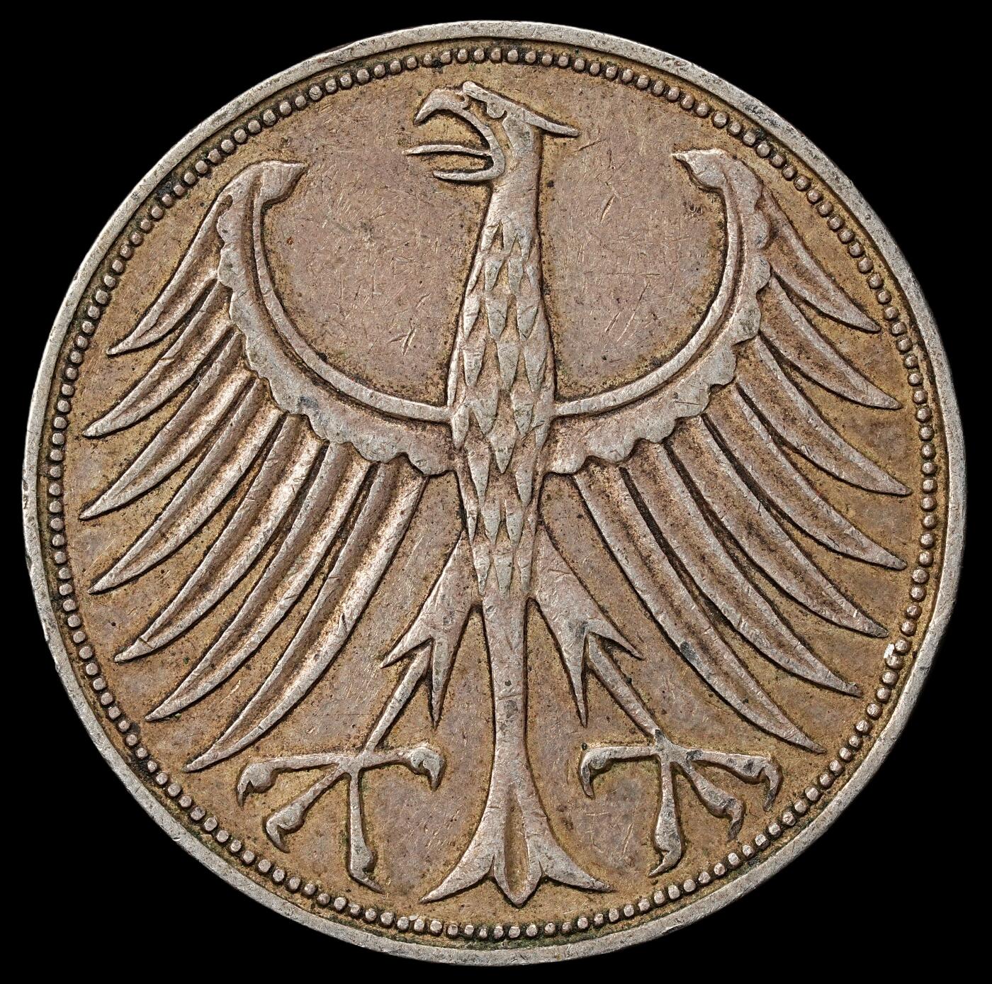 修遠堂世界钱币第九十九期 1951年西德5马克银币 F厂铭 11.08g，含银62.5%