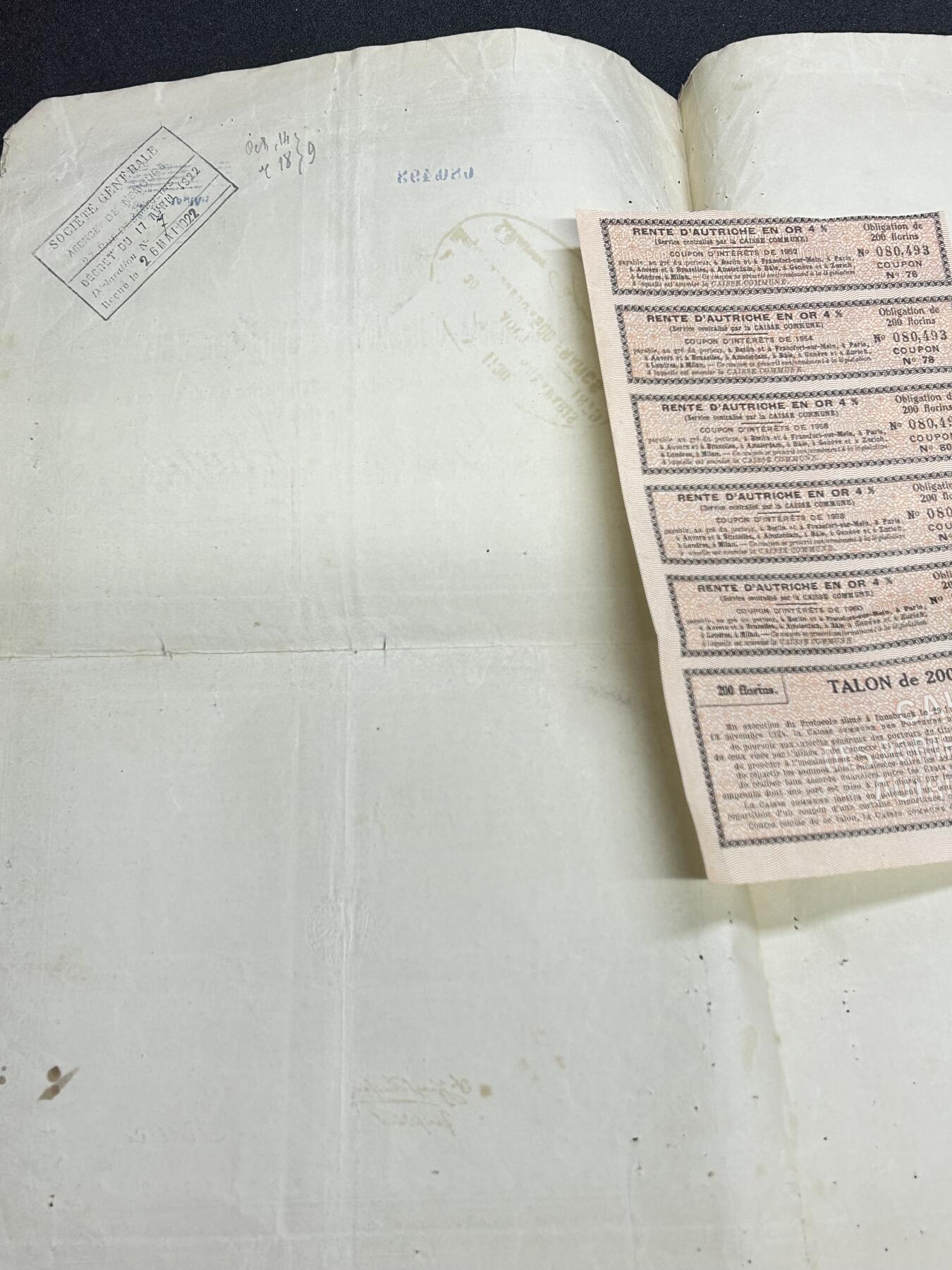 西秦中古拍卖第七十期 奥匈帝国1876年国家租金债券 200金古尔登 全套