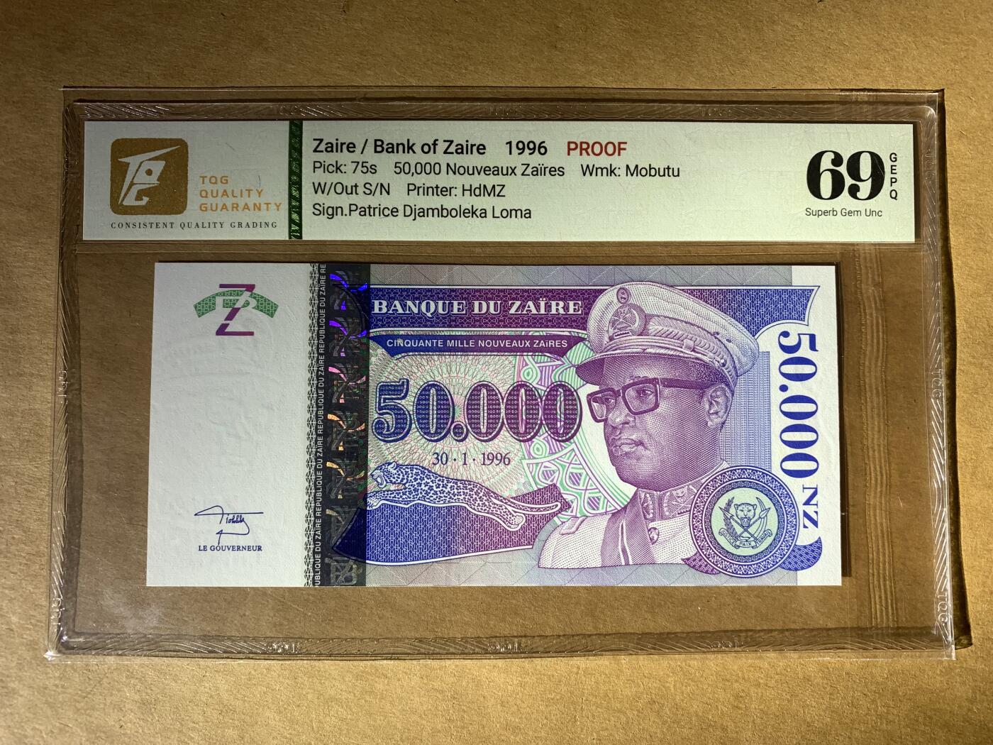 【礼羽收藏】🌏世界钱币拍卖第118期 TQG评级66分，PROOF版 扎伊尔1996年50000扎伊尔纸币