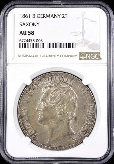 【雨安】【直播拍卖】【世界币章122期-评级币】2025-12-27 周六 19:30 保真 - [评级德国] Germany 德国 德意志 2泰勒 Saxony萨克森 Thun.347 KM#1215 (1861) 约翰.双狮 1861年  NGC-AU58