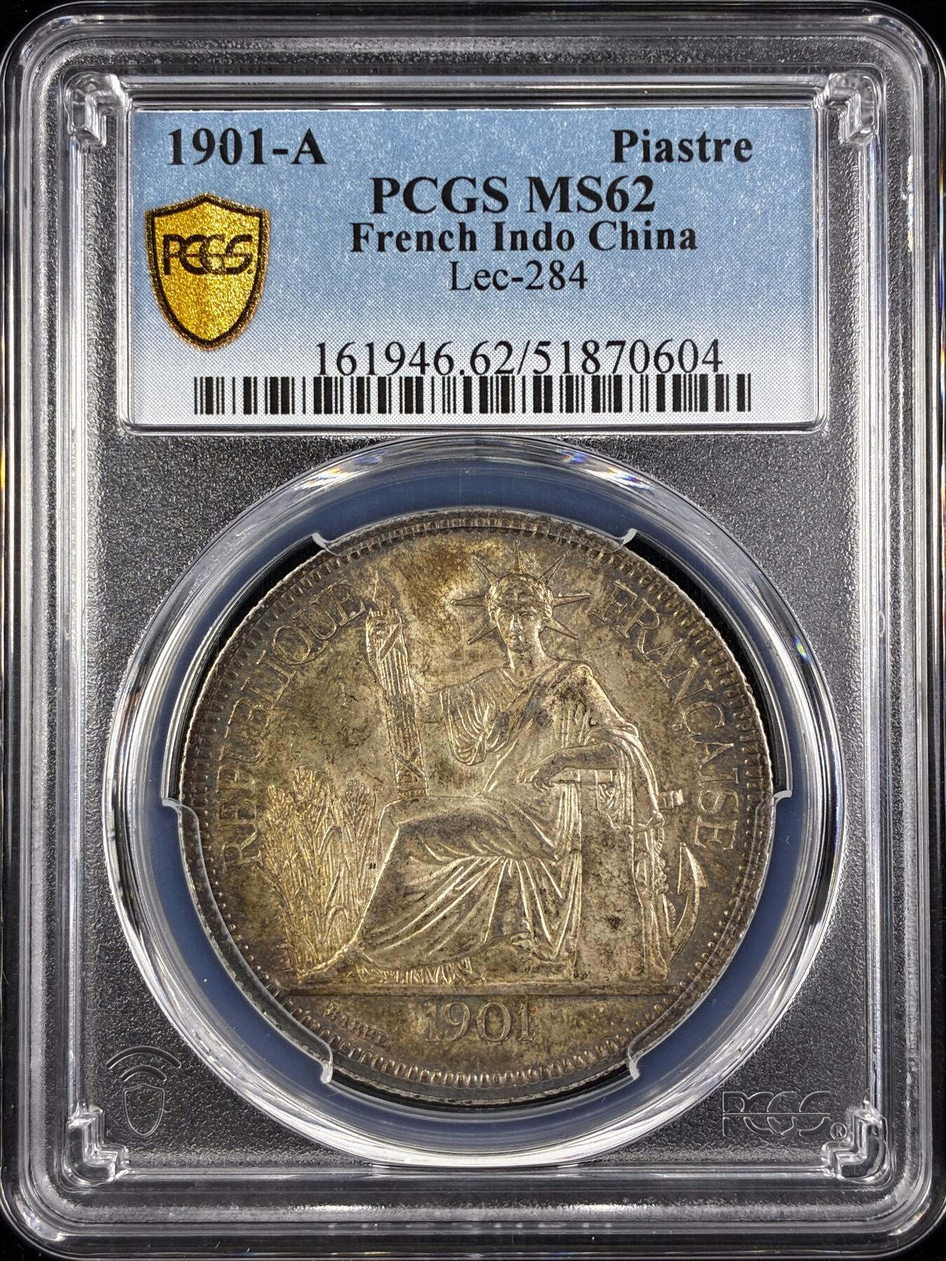 【雨安】【直播拍卖】【世界币章122期-评级币】2025-12-27 周六 19:30 保真 [贸易银] 法国 法属印支 坐洋 1皮阿斯特 1901年  PCGS-MS62 原味酱彩老包浆