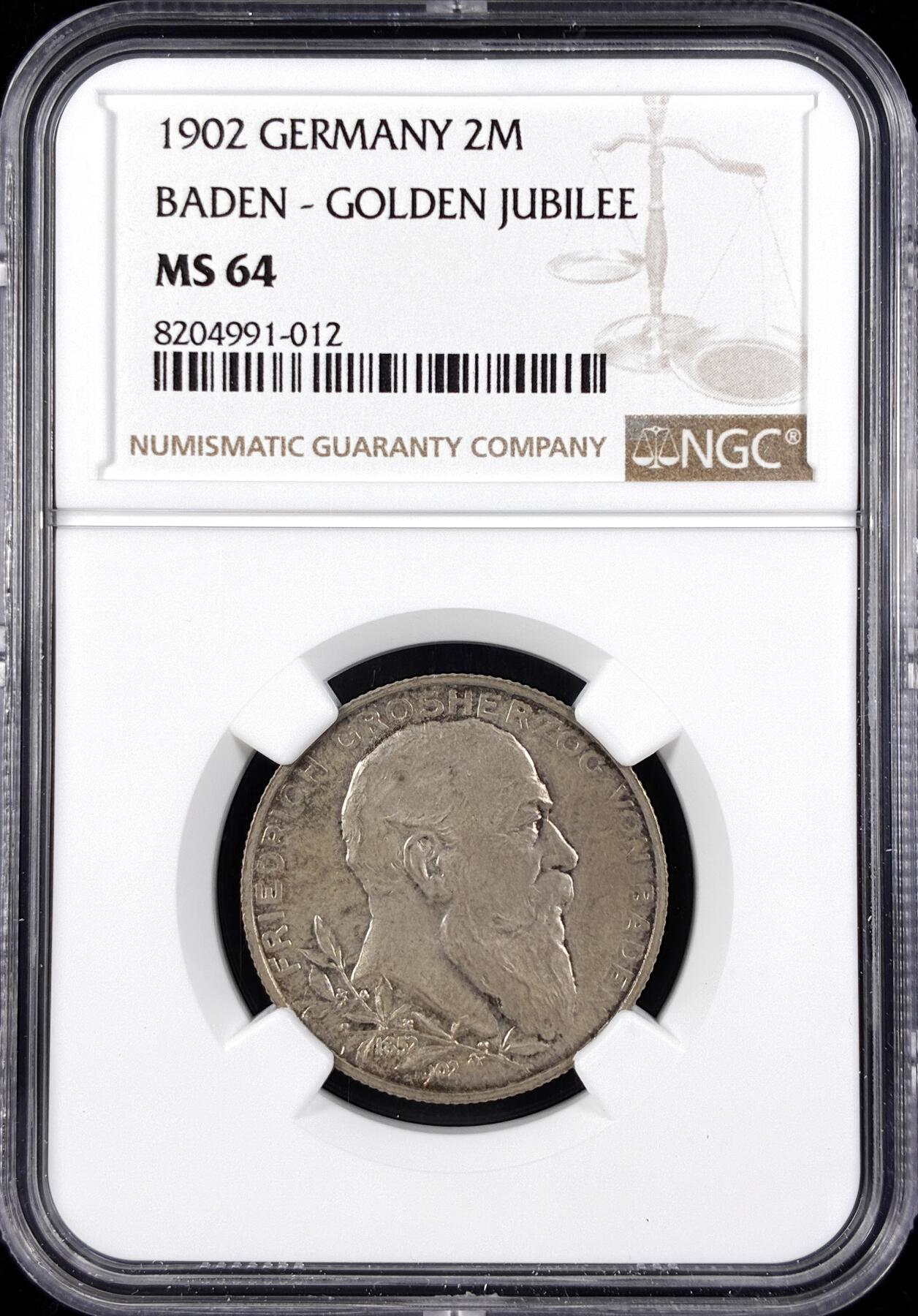 【雨安】【直播拍卖】【世界币章122期-评级币】2025-12-27 周六 19:30 保真 [评级德国] Germany 德国 帝国 J.030 巴登 2马克 (1902) 登基50周年 1902年  NGC-MS64
