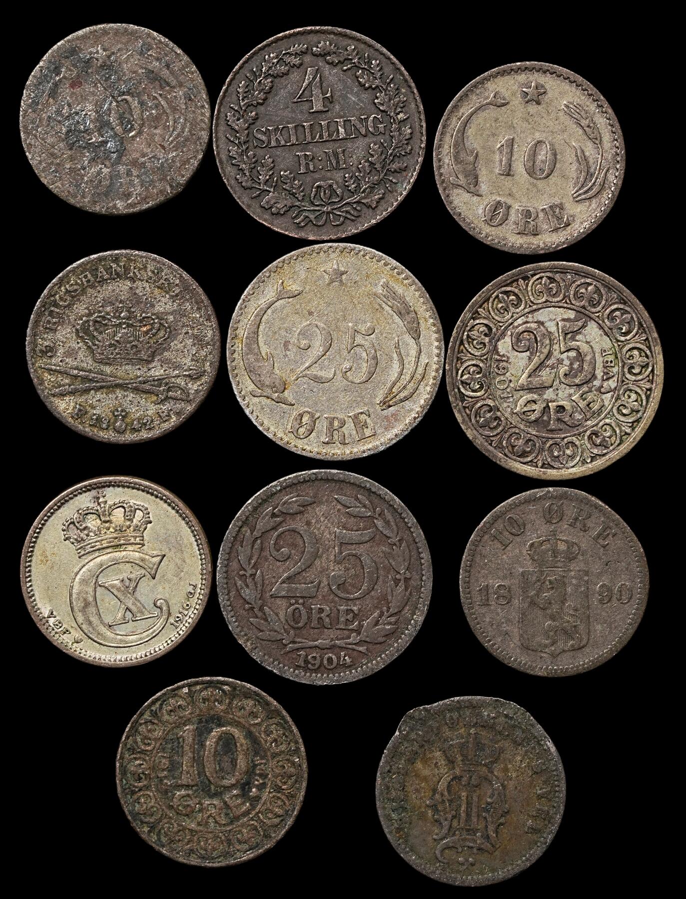 修遠堂世界钱币第九十九期 丹麦，瑞典旧银币一组 部分品差 含银25-40%，总重18.26g