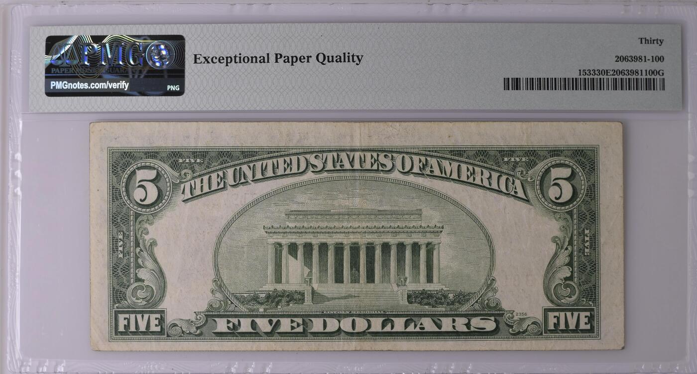 PMG美元 豹子身序列号:B81979997A 5美元红库印战争券Legal Tender Note, $5 1953A Small Size