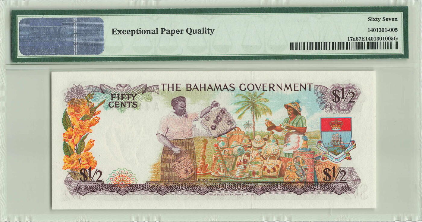 【礼羽收藏】🌏世界钱币拍卖第118期 【A冠】巴哈马1/2元 首发A冠 1965年政府版 PMG67亚军分 该面值A冠稀少，凑套首发必备，壳内状态绝