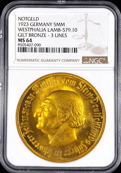 【雨安】【直播拍卖】【世界币章122期-评级币】2025-12-27 周六 19:30 保真 - [评级德国] Germany 德国 德紧 威斯特法伦 500万马克 1923年 三行字  NGC-MS64