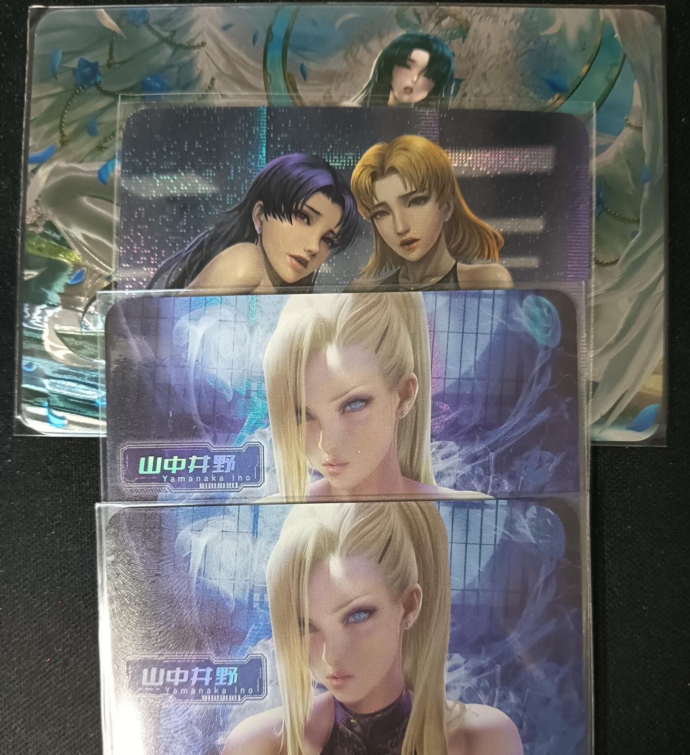 花开卡拍第53期（12月28号周日截拍，品控勿拍!!!拍品不寄存，运费5元，自制卡难免瑕疵，可能存在轻微撞角爆边等出厂瑕疵，品控介意勿拍！） 艺术对卡山中井野2张彩闪+双美纱布闪艺术卡+阿撒兹勒光刻卡，共4张