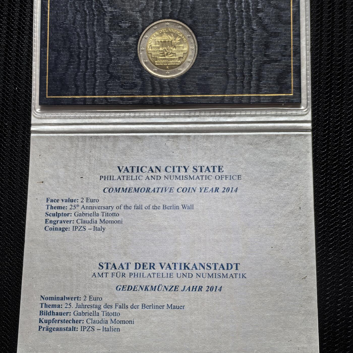 道一币馆币章第一百六十二场 原包装 梵蒂冈2014年柏林墙倒塌25周年2欧元纪念币 100400