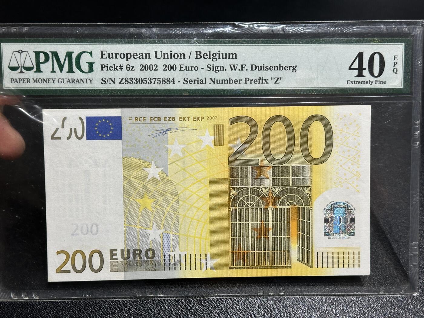 《外钞收藏家》第五百九十七期（年底收官场）（本平台长期征集拍品、欢迎藏友们联系合作） 2002年一签200欧元 PMG40E 比利时版