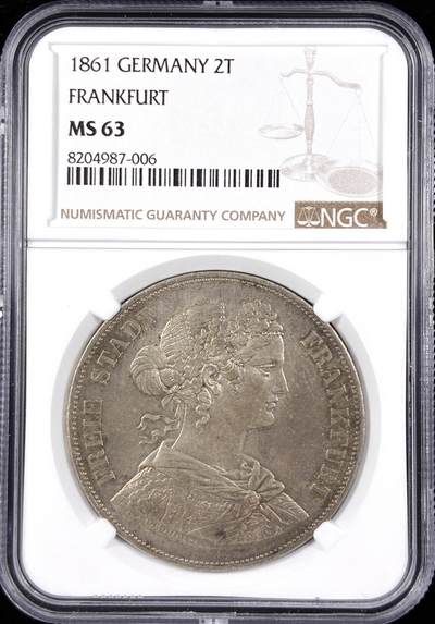 【雨安】【直播拍卖】【世界币章122期-评级币】2025-12-27 周六 19:30 保真 - [评级德国] Germany 德国 德意志 2泰勒 Frankfurt法兰克福 Thun.145 KM#0365 (1860-1866) 法兰克福少女 1861年  NGC-MS63