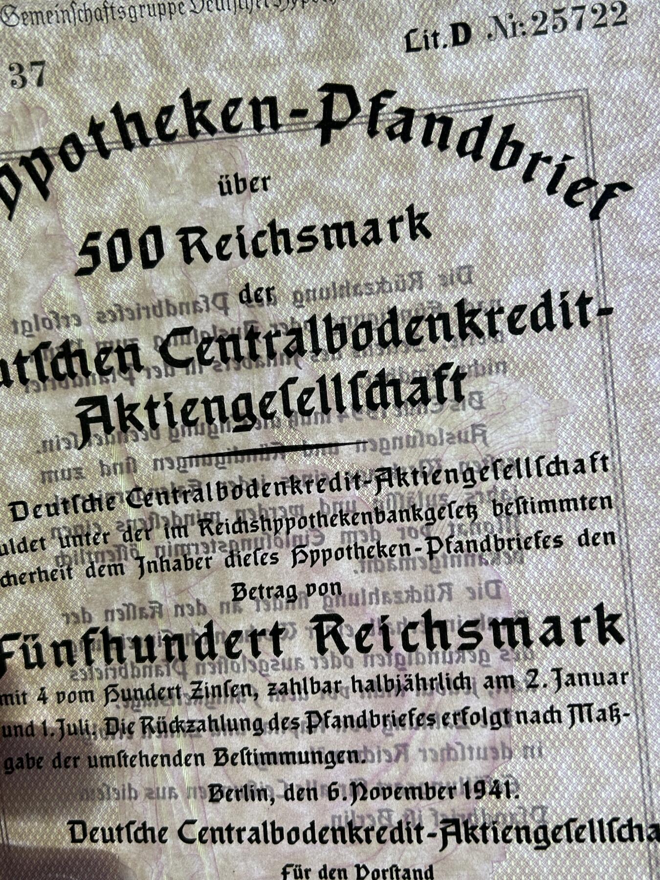 西秦中古拍卖第七十期 二战时期 德三1941年土地信贷500马克债券 有水印