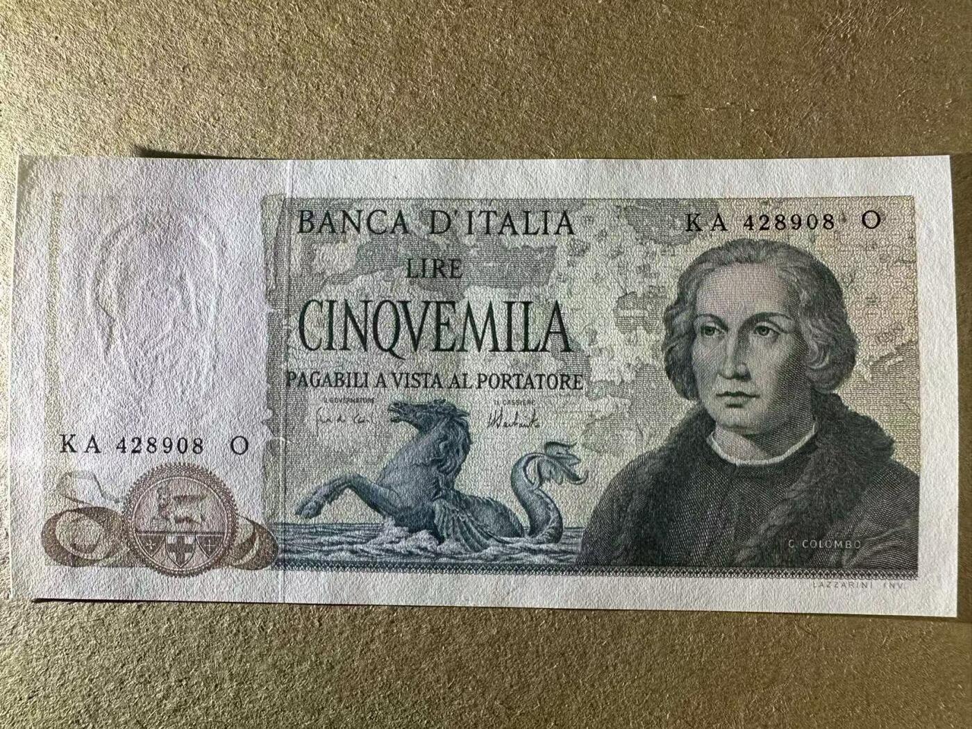 【Blue Auction】世界纸币精拍第768期——18级TOP拍卖/信誉/品质/专业/高效💫 意大利 5000里拉 哥伦布 	AU