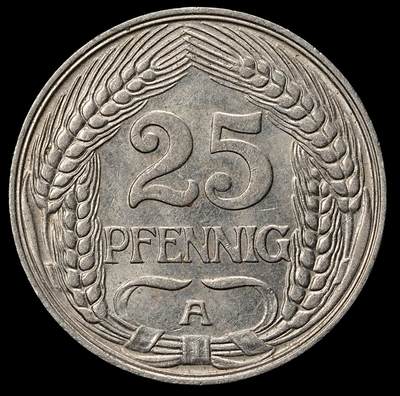 修遠堂世界钱币第九十九期 - 1910年德国25芬尼 A厂铭