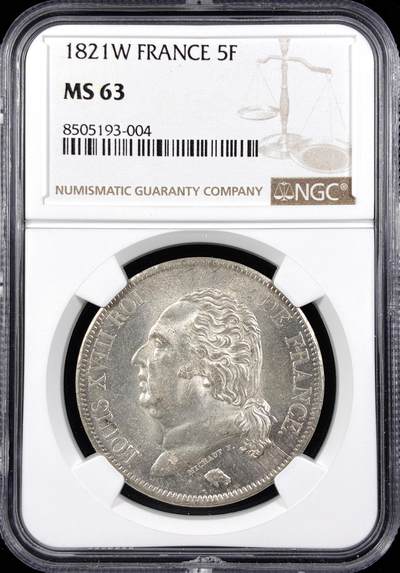 【雨安】【直播拍卖】【世界币章122期-评级币】2025-12-27 周六 19:30 保真 - [评级法国] France 法国 5法郎 KM#0711 (1816-1824) 路易十八  NGC-MS63